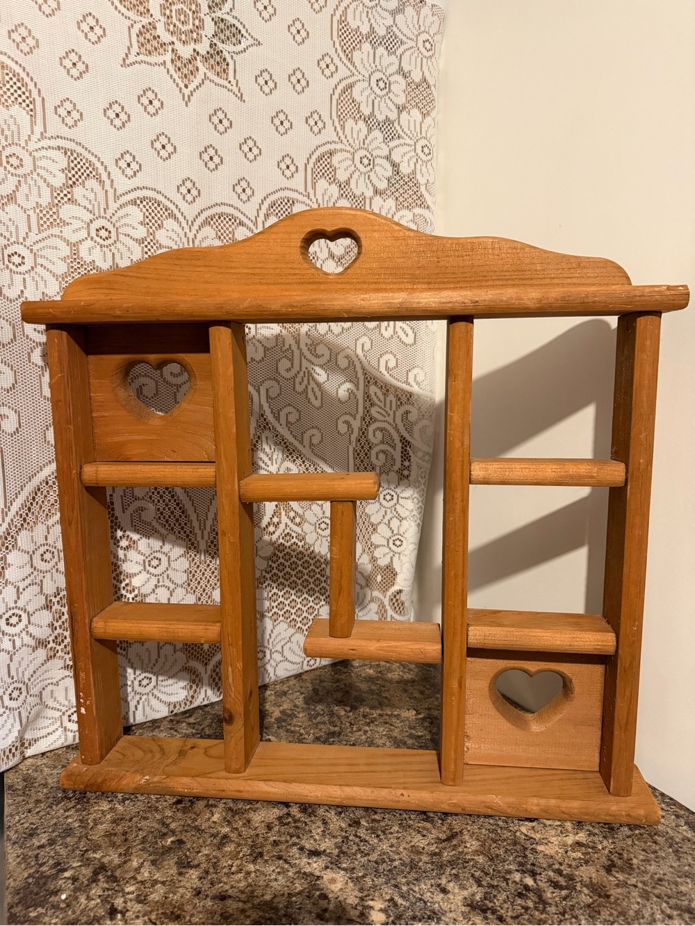 Handcrafted Grandma Core Wooden Wall Shelf with Heart Cutouts - Natural Wood